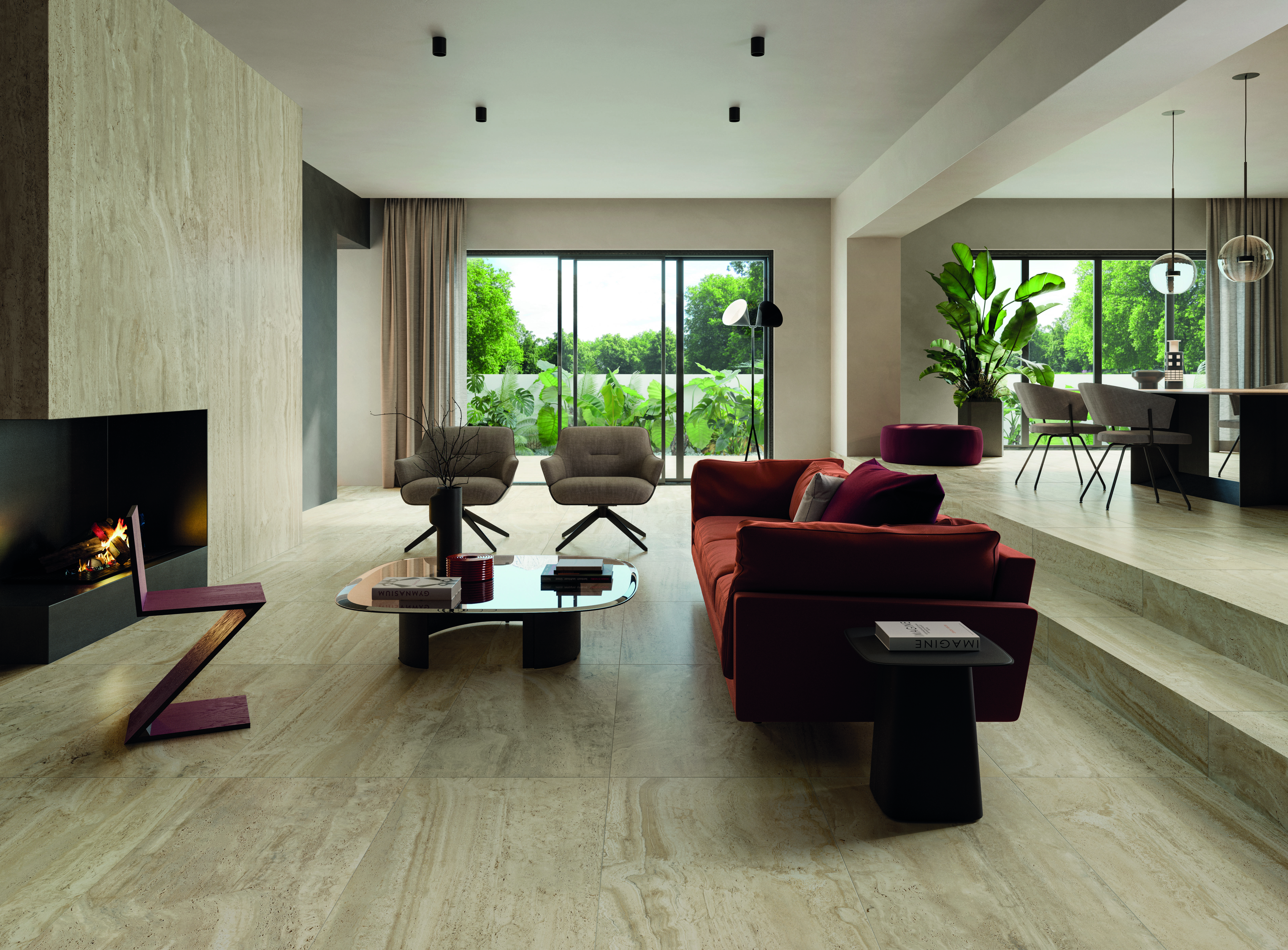 Rustic floor and wall wood-look tile in contemporary living room with sliding door view to garden and fireplace