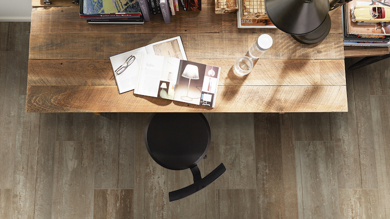 wood look tile flooring in a home office